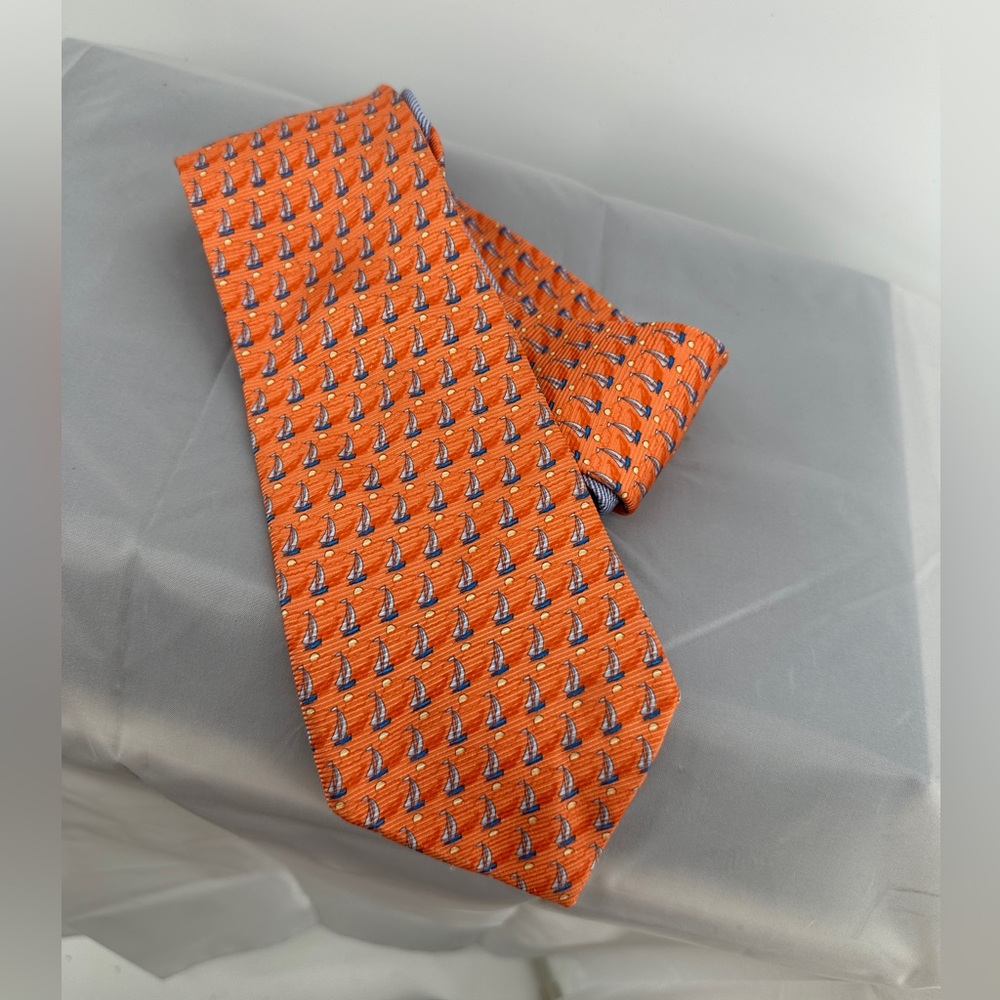 Tommy Hilfiger Preppy Necktie Coral Orange Nautical Sailboat Silk Tie USA